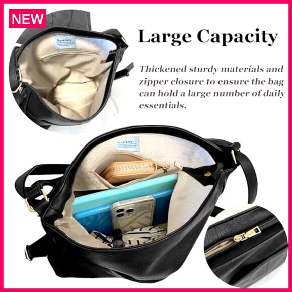 Large Vegan Leather Convertible Backpack Tote Bag with Multiple Pockets - Picture 3 of 8